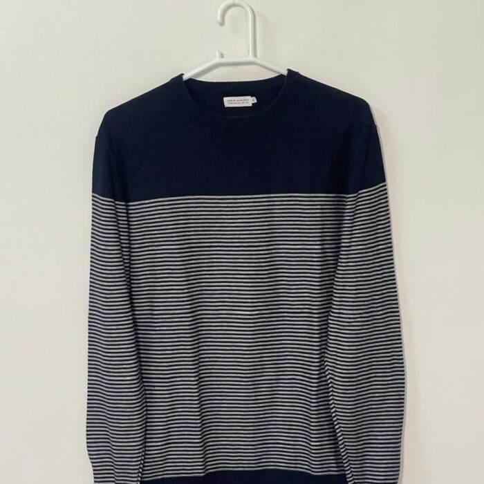 JACK & JONES NAVY/SLASH GREY STRIPED WOKE CREW NECK